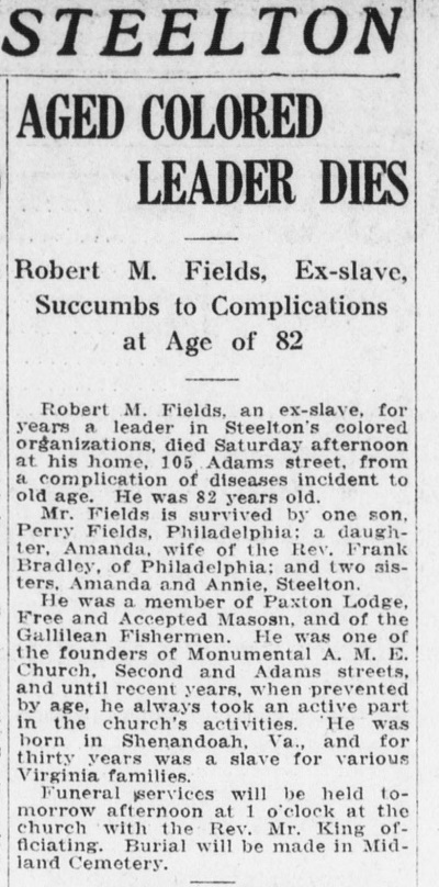 1916 Death notice for Steelton resident Robert M. Fields, an ex-slave.